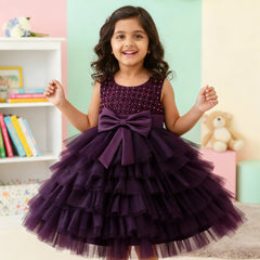 Girls Premium Purple Layered Party Dress with Big Bow & Embellished Bodice