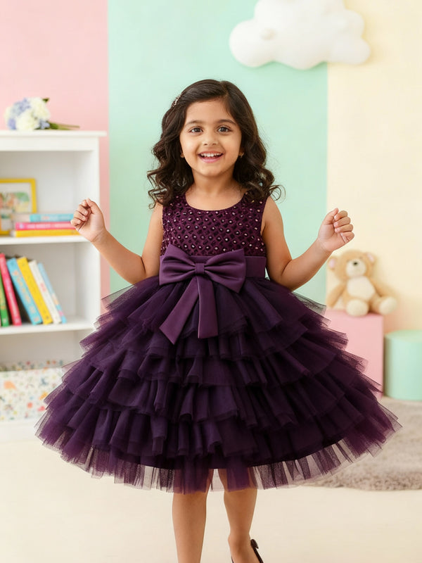 Girls Premium Purple Layered Party Dress with Big Bow & Embellished Bodice