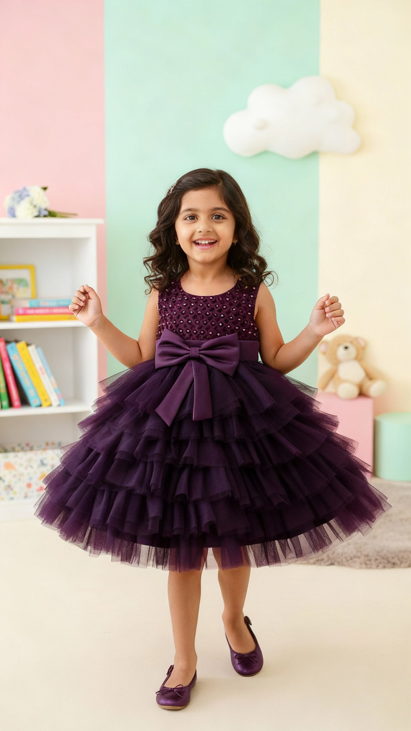 Girls Premium Purple Layered Party Dress with Big Bow & Embellished Bodice