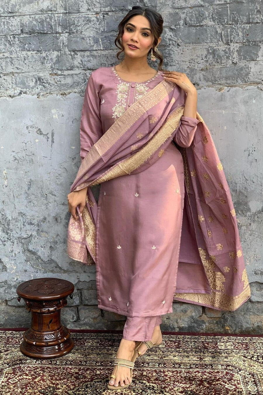 Dusty Rose Silk Kurta Set with Banarasi Dupatta