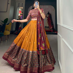 Mustard & Maroon Silk Blend Lehenga Set with Brocade Blouse & Printed Dupatta