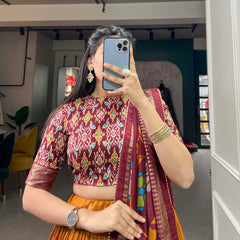 Mustard & Maroon Silk Blend Lehenga Set with Brocade Blouse & Printed Dupatta