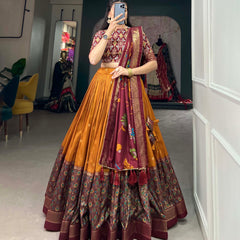 Mustard & Maroon Silk Blend Lehenga Set with Brocade Blouse & Printed Dupatta