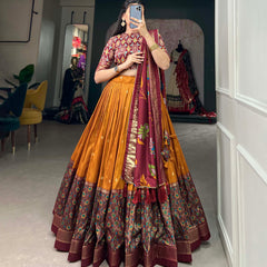 Mustard & Maroon Silk Blend Lehenga Set with Brocade Blouse & Printed Dupatta