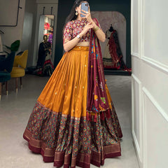 Mustard & Maroon Silk Blend Lehenga Set with Brocade Blouse & Printed Dupatta
