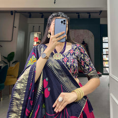 Pink & Blue Silk Blend Lehenga Set with Brocade Blouse & Printed Dupatta