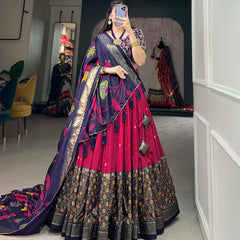 Pink & Blue Silk Blend Lehenga Set with Brocade Blouse & Printed Dupatta