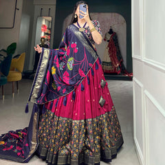 Pink & Blue Silk Blend Lehenga Set with Brocade Blouse & Printed Dupatta
