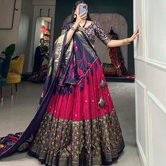 Pink & Blue Silk Blend Lehenga Set with Brocade Blouse & Printed Dupatta