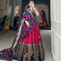 Pink & Blue Silk Blend Lehenga Set with Brocade Blouse & Printed Dupatta