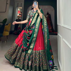 Green & Red Silk Blend Lehenga Set with Brocade Blouse & Printed Dupatta