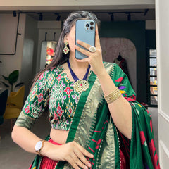Green & Red Silk Blend Lehenga Set with Brocade Blouse & Printed Dupatta