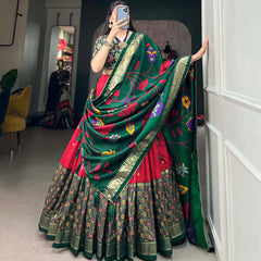Green & Red Silk Blend Lehenga Set with Brocade Blouse & Printed Dupatta
