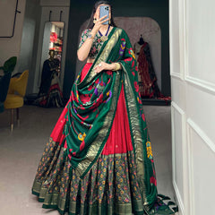 Green & Red Silk Blend Lehenga Set with Brocade Blouse & Printed Dupatta
