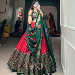 Green & Red Silk Blend Lehenga Set with Brocade Blouse & Printed Dupatta