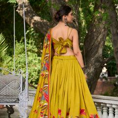 Elegant Mustard Yellow Lehenga Choli with Bold Floral Print – Cotton Blend