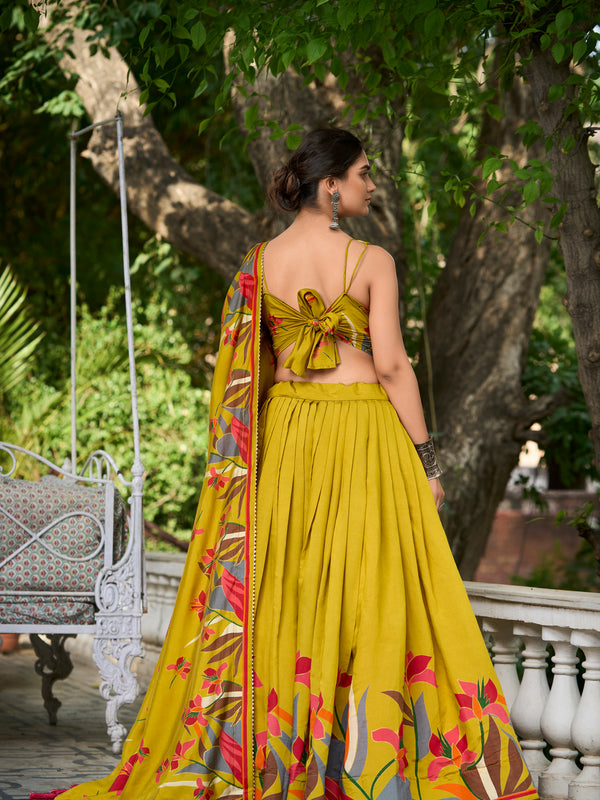 Elegant Mustard Yellow Lehenga Choli with Bold Floral Print – Cotton Blend