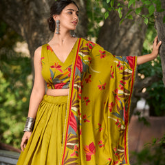 Elegant Mustard Yellow Lehenga Choli with Bold Floral Print – Cotton Blend