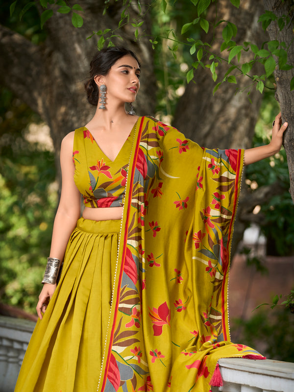 Elegant Mustard Yellow Lehenga Choli with Bold Floral Print – Cotton Blend