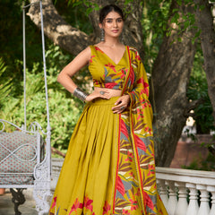 Elegant Mustard Yellow Lehenga Choli with Bold Floral Print – Cotton Blend