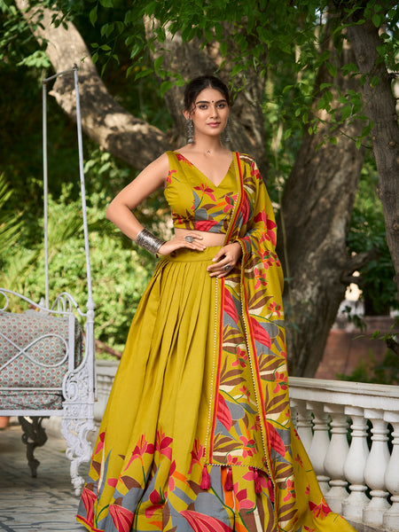 Elegant Mustard Yellow Lehenga Choli with Bold Floral Print – Cotton Blend