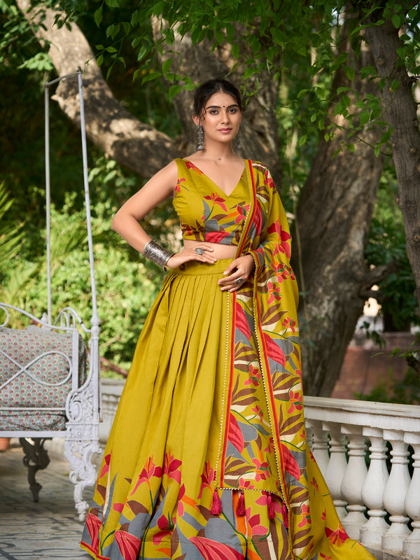 Elegant Mustard Yellow Lehenga Choli with Bold Floral Print – Cotton Blend
