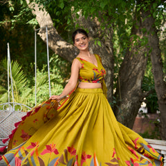Elegant Mustard Yellow Lehenga Choli with Bold Floral Print – Cotton Blend