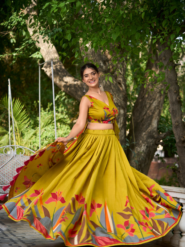 Elegant Mustard Yellow Lehenga Choli with Bold Floral Print – Cotton Blend