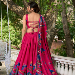 Elegant Pink Lehenga Choli with Bold Floral Print – Cotton Blend