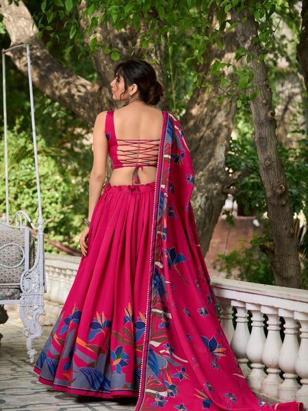 Elegant Pink Lehenga Choli with Bold Floral Print – Cotton Blend