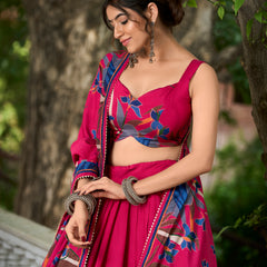 Elegant Pink Lehenga Choli with Bold Floral Print – Cotton Blend