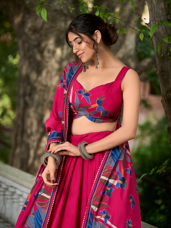 Elegant Pink Lehenga Choli with Bold Floral Print – Cotton Blend
