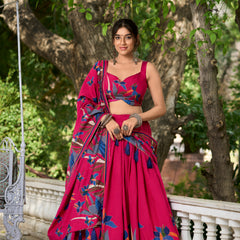 Elegant Pink Lehenga Choli with Bold Floral Print – Cotton Blend