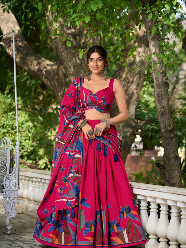 Elegant Pink Lehenga Choli with Bold Floral Print – Cotton Blend