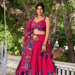 Elegant Pink Lehenga Choli with Bold Floral Print – Cotton Blend