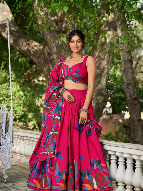 Elegant Pink Lehenga Choli with Bold Floral Print – Cotton Blend