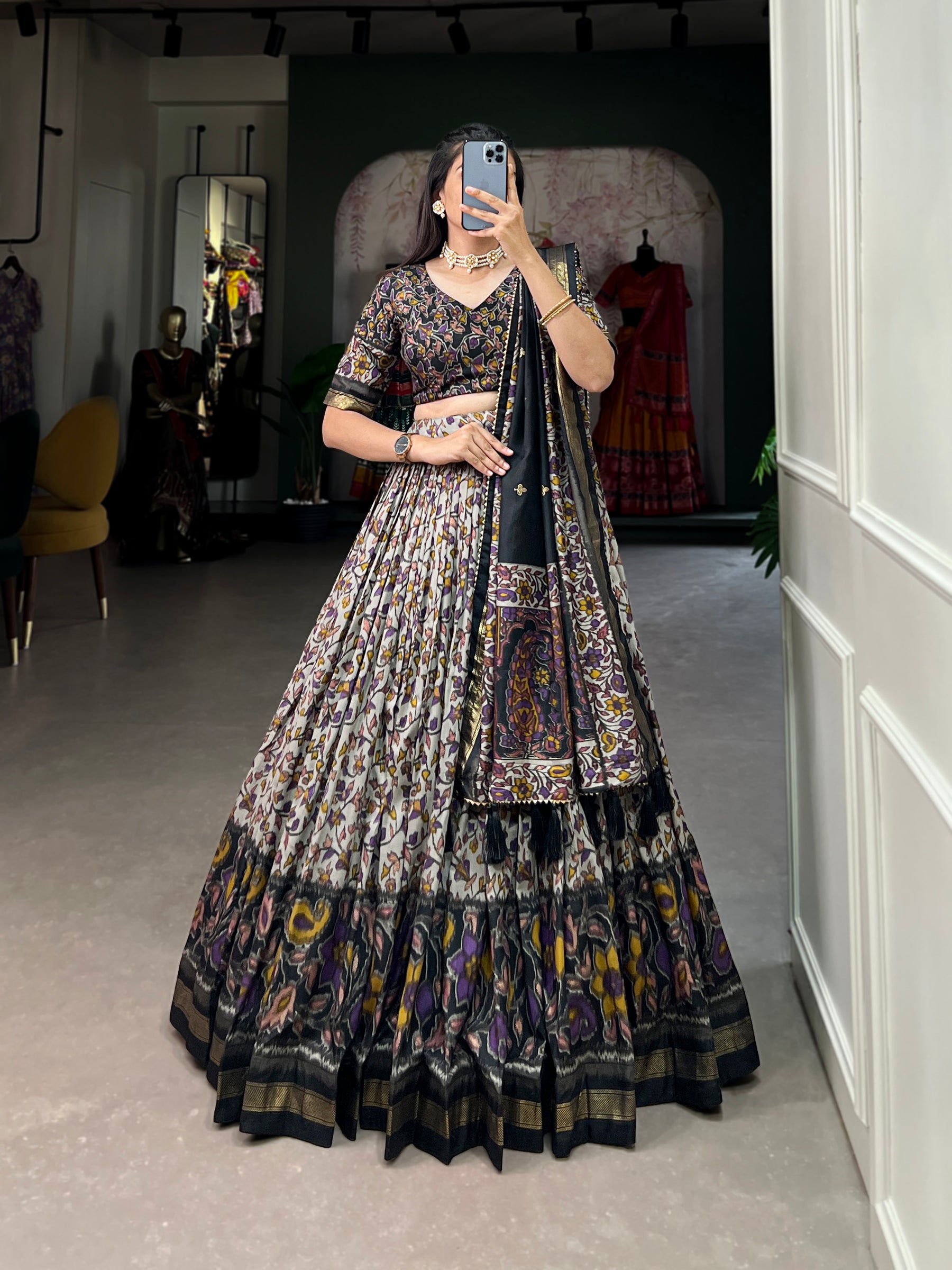 Black Multicolor Floral Print Lehenga Set with Dupatta – Designer Ethnic Wear
