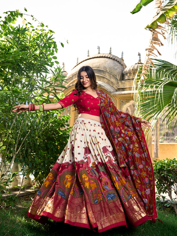 Designer OFF-White Ethnic Lehenga Choli with Elephant & Floral Print