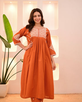 Rust Orange Embroidered Kurta Palazzo Set