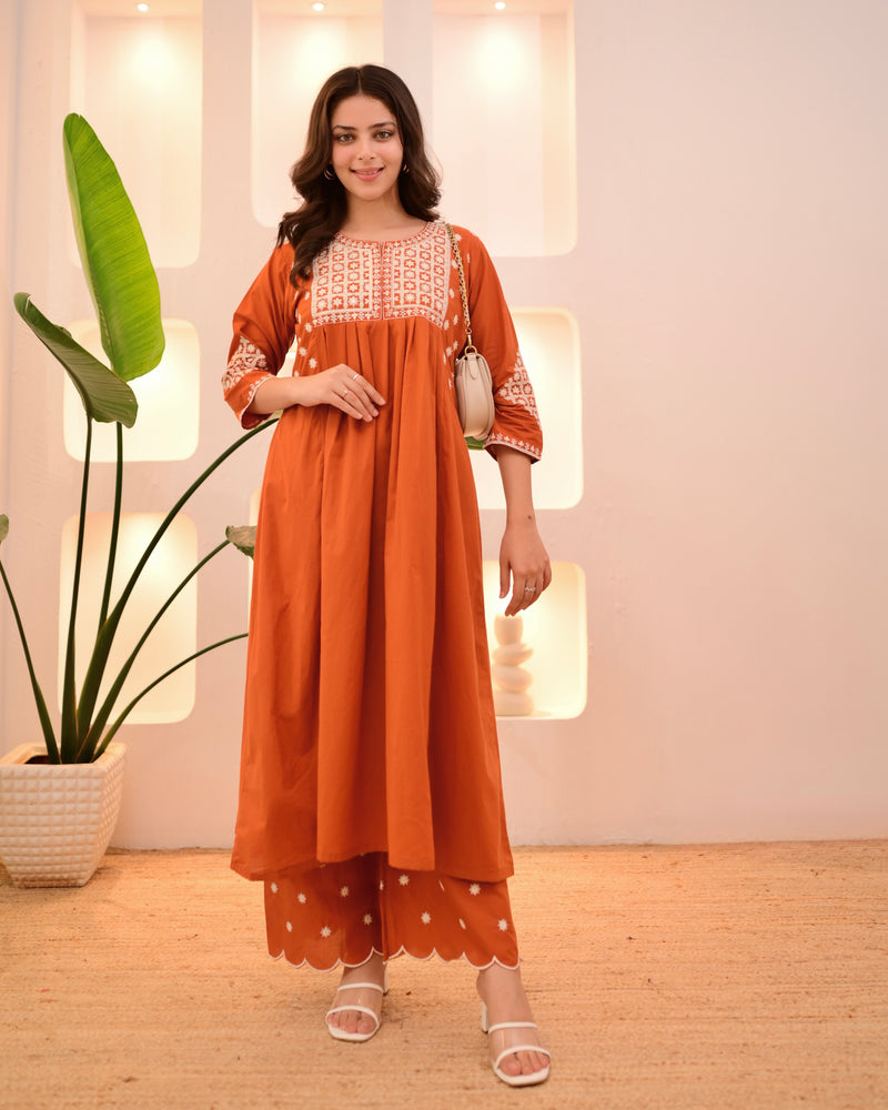 Rust Orange Embroidered Kurta Palazzo Set