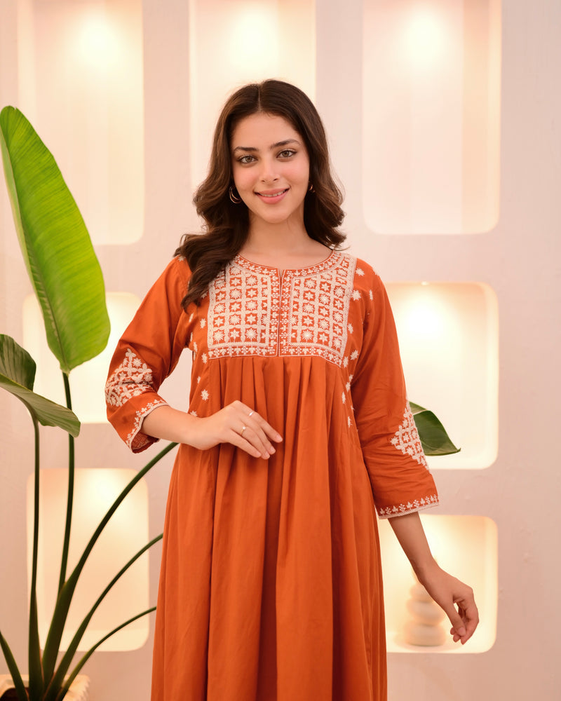 Rust Orange Embroidered Kurta Palazzo Set