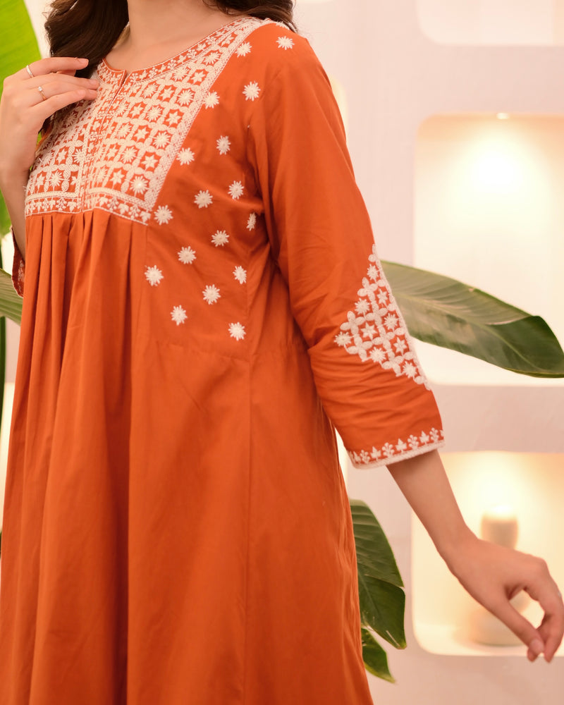 Rust Orange Embroidered Kurta Palazzo Set