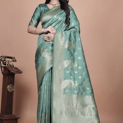  Green Silk Saree with Intricate Peacock Zari Work – Traditional Banarasi Design for Weddings & Festive Occasions