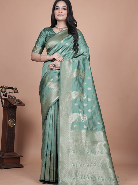  Green Silk Saree with Intricate Peacock Zari Work – Traditional Banarasi Design for Weddings & Festive Occasions