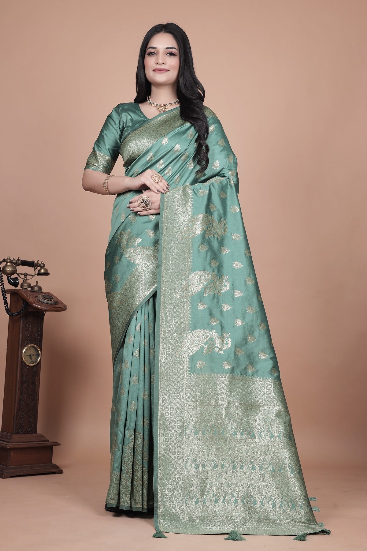  Green Silk Saree with Intricate Peacock Zari Work – Traditional Banarasi Design for Weddings & Festive Occasions