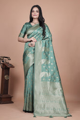  Green Silk Saree with Intricate Peacock Zari Work – Traditional Banarasi Design for Weddings & Festive Occasions