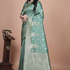  Green Silk Saree with Intricate Peacock Zari Work – Traditional Banarasi Design for Weddings & Festive Occasions