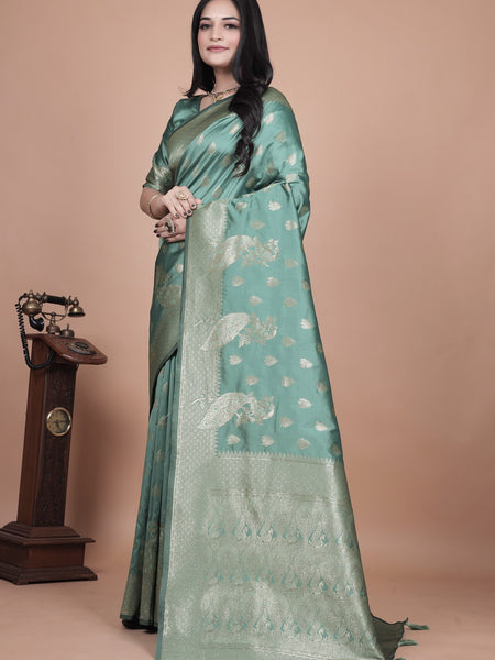  Green Silk Saree with Intricate Peacock Zari Work – Traditional Banarasi Design for Weddings & Festive Occasions
