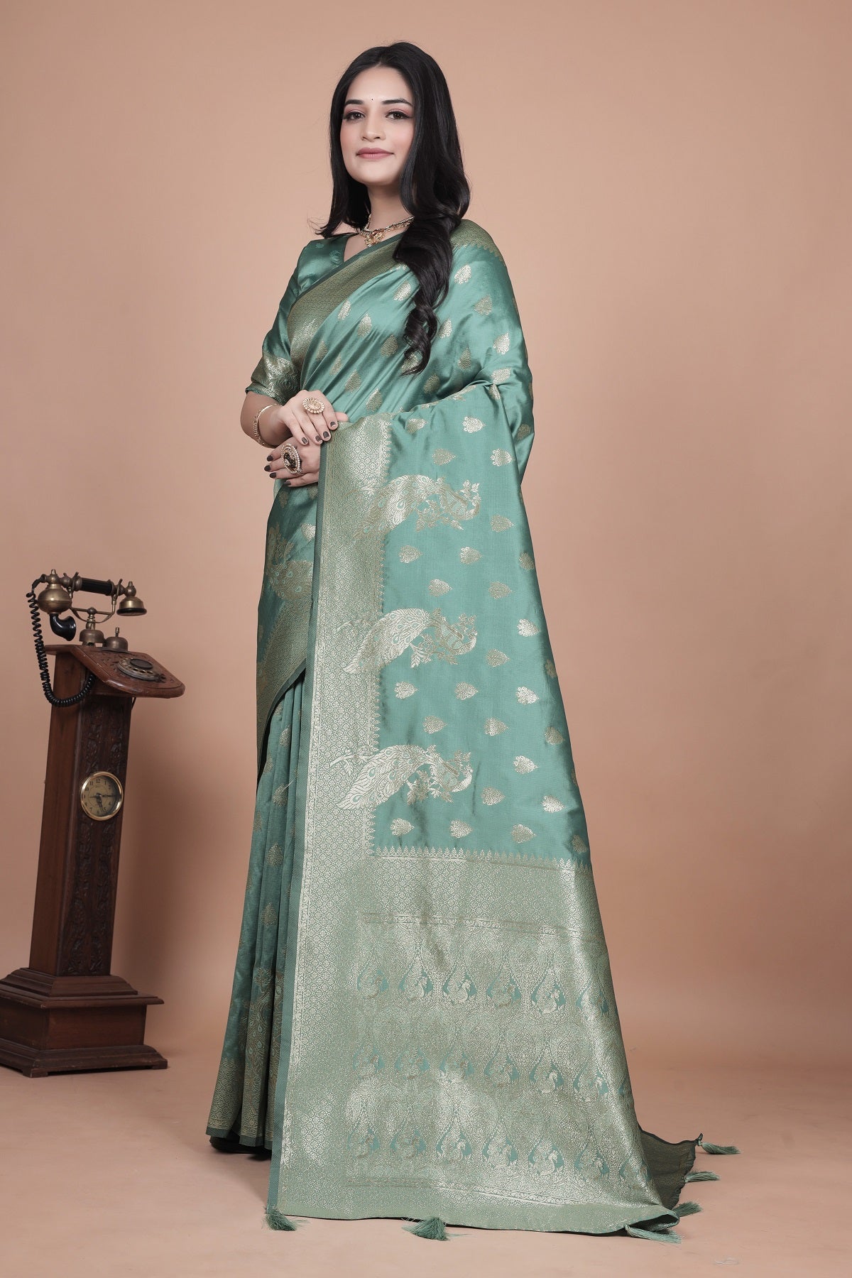  Green Silk Saree with Intricate Peacock Zari Work – Traditional Banarasi Design for Weddings & Festive Occasions
