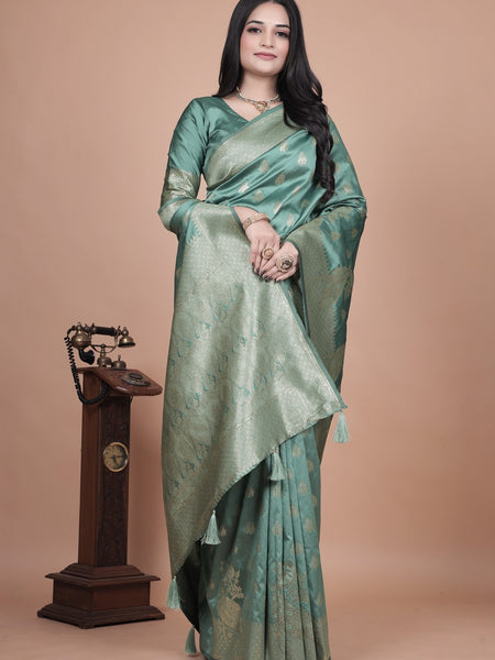  Green Silk Saree with Intricate Peacock Zari Work – Traditional Banarasi Design for Weddings & Festive Occasions